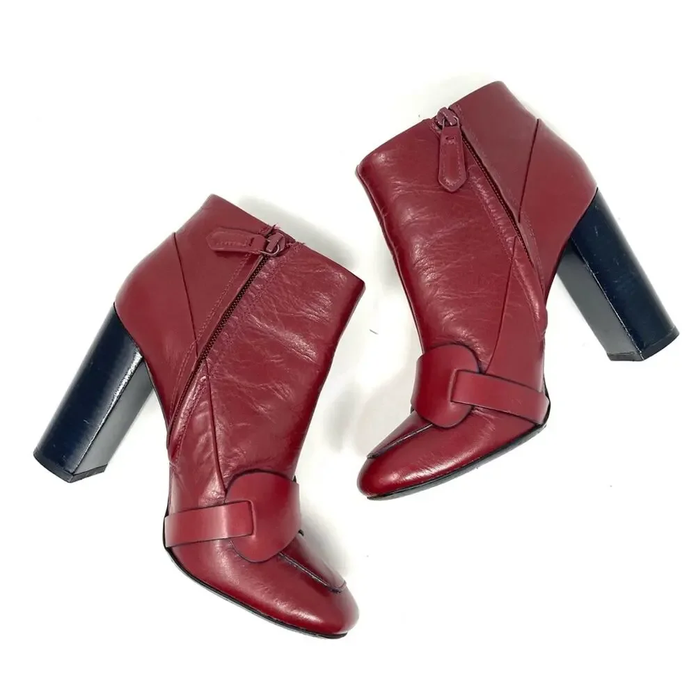 Tory Burch Burgundy Red Leather Stacked Heel Ankle Boots Women's Size 7, $498